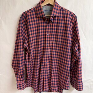 Twillory Performance Dress Shirt Mens 16.5 32/33 Button Orange Navy Gingham Fit